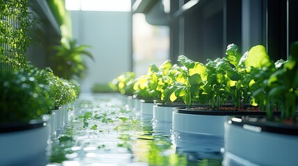 Abstract hydroponic system design with nutrient tanks and water channels, clean lines