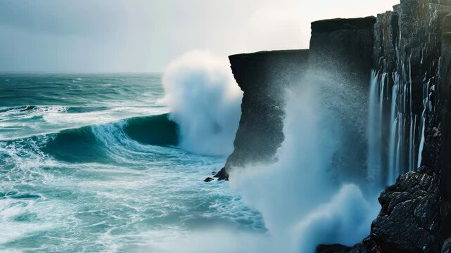 A massive wave with incredible force crashes forcefully against a rugged cliff, sending a spray of water into the air, The fury of ocean waves crashing against seaside cliffs