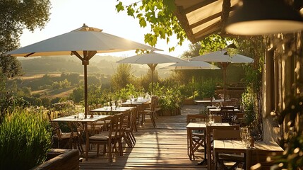 Fototapeta premium Sunrise Terrace Dining: A serene outdoor dining space, bathed in the warm glow of sunrise, with lush greenery, rustic wooden tables, and a picturesque view of rolling hills.