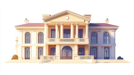 Fototapeta premium A large, white house with a red roof and a yellow trim. The house has a lot of windows and a balcony