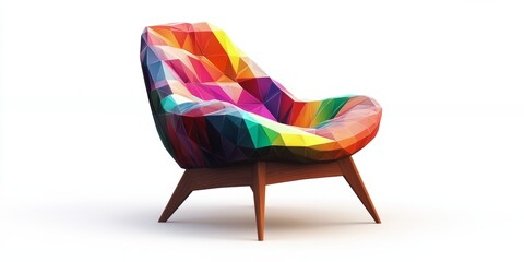 A colorful chair with a wooden frame. The chair is made of many different colors and is very unique