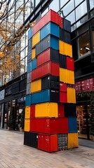 Fototapeta premium A tall stack of colorful shipping containers in front of a building