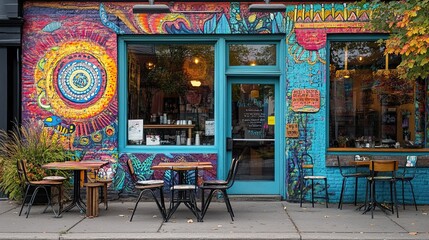 Obraz premium Vibrant Streetside Cafe: A charming cafe with a bright, colorful facade and inviting outdoor seating, capturing the essence of a bustling urban neighborhood. 
