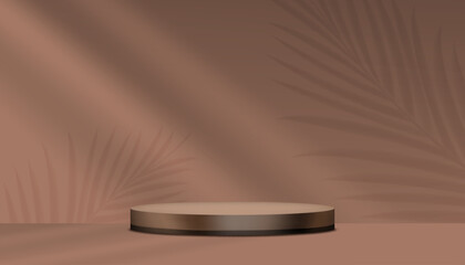 Brown Background,Empty Studio Room with Palm leaves Shadow on 3d Podium Stage for Cosmetic Product Display,Dark Brown  Wall Backdrop with Abstract Light Gradient on Floor for Summer Banner