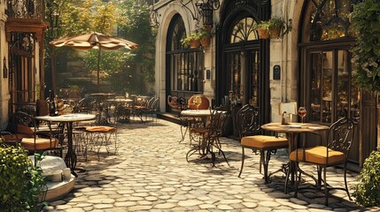 Obraz premium Cobblestone Cafe: Sun-drenched Parisian Alleyway 