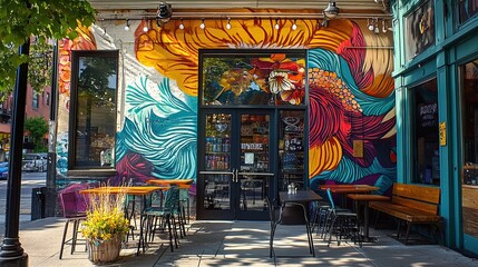 Fototapeta premium Vibrant Streetside Cafe Mural 