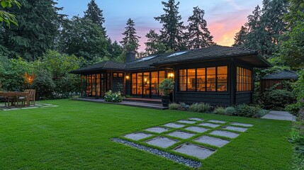 A picturesque modern home with large windows glowing warmly in the evening light. Surrounded by lush greenery, the well-maintained lawn features a stepping stone pathway leading to the entrance