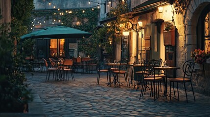 Twilight in the cobblestone square: A charming European alley with a warm glow, inviting diners to indulge in the delightful ambiance of a quaint cafe.