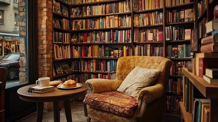Cozy Reading Nook:  A inviting,  comfortable armchair nestled in a corner surrounded by towering bookshelves,  a perfect spot to escape into the pages of a good book.