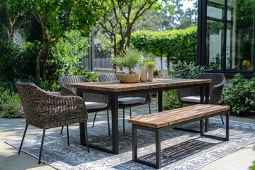 Obraz premium Outdoor dining set with black metal frame, natural wood top, and dark brown wicker chairs. Perfect for raw style patios.