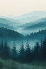 Obraz premium Serene landscape with misty pine forest and mountains