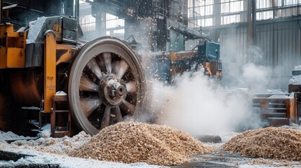 Industrial wood chipper in action, producing wood chips and steam in a factory setting.