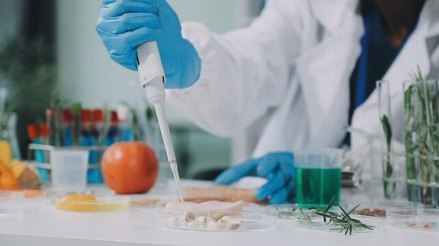 Food scientists in lab coats, testing samples, and analyzing food safety and quality in a modern laboratory environment.