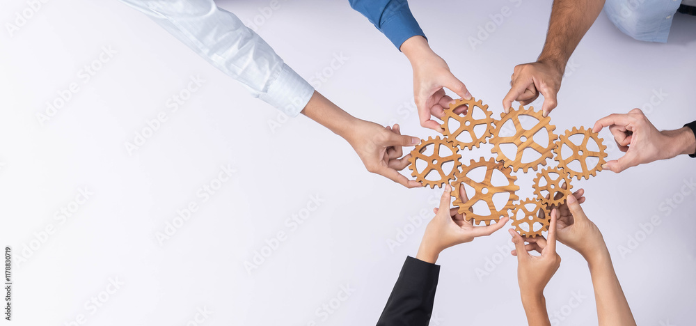 Poster top panorama banner of business team joining cogwheel in circular together symbolize successful grou