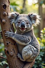 Fototapeta premium Adorable Koala Bear on Tree Trunk Australian Wildlife Cute Marsupial