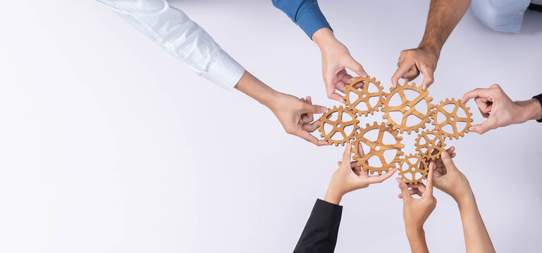Top panorama banner of business team joining cogwheel in circular together symbolize successful group of business partnership and collective teamwork in workplace with productive efficiency. Prudent