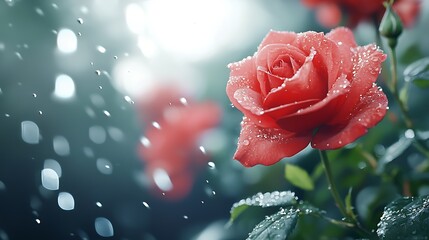 Close up shot of lush vibrant red roses with glistening radiant water droplets scattered across the delicate petals set against a blurred verdant garden backdrop