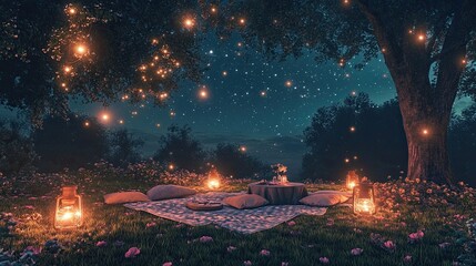 Enchanted Forest Picnic: A magical night under a canopy of stars, with lanterns casting a warm glow on a romantic picnic setting. The air is filled with the wonder of nature.