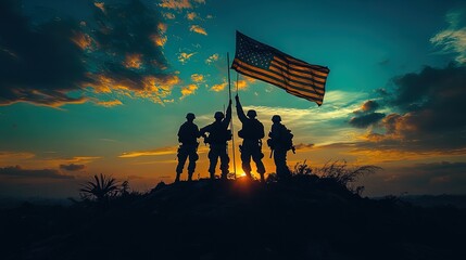 Soldiers raising a flag on a high hill, symbol of victory and sacrifice 
