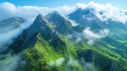 Obraz premium Aerial view of majestic mountains shrouded in mist and greenery under a clear blue sky.