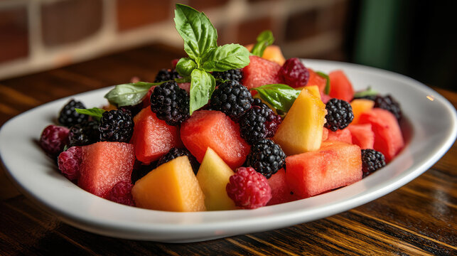 A bowl of fruit salad with watermelon, blackberries, and raspberries - Powered by Adobe
