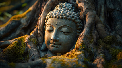 Close-up of a Buddha statue's head nestled within the roots of a large, moss-covered tree