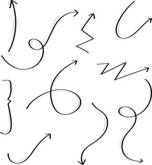 Vector set of stylized black ink arrows painted with brush strokes, ideal for creative direction, motion concepts, poster and banner