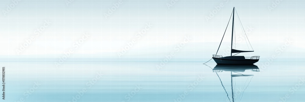 Poster calm waters reflect a simple boat silhouette under a serene sky at dawn. generative ai