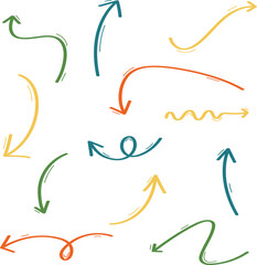 Vector set of colorful stylized ink arrows painted with brush strokes, ideal for creative direction, motion concepts, poster and banner