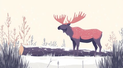 Moose standing near a tranquil forest stream, surrounded by natural greenery and a peaceful outdoor environment, style book illustration