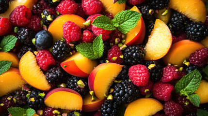 Obraz premium A fruit salad with a mix of berries and peaches