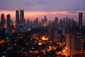 Fototapeta premium A vibrant city skyline at twilight showcases glowing lights and towering skyscrapers against a colorful sky. The urban landscape creates a serene atmosphere.