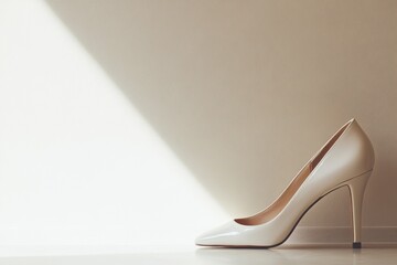 A stunning white high heel shoe elegantly placed in a minimalist setting, illuminated by soft natural light, creating a chic and sophisticated atmosphere.