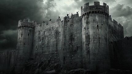 Medieval castle under siege, archers on walls and ladders scaling the walls  