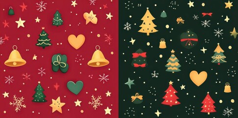 Festive Christmas patterns with trees, hearts, stars, and snowflakes in vibrant red, gold, and green colors.
