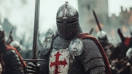 Knight raising his sword in victory over a defeated foe, powerful and heroic scene 