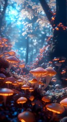 glowing forest with vibrant mushrooms dark blue background