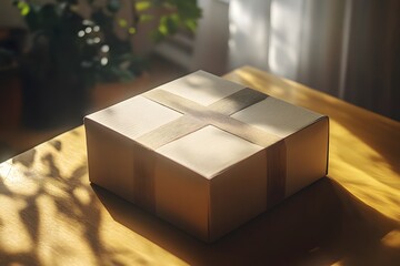 A Gift Box Wrapped in Beige Paper with a Brown Ribbon