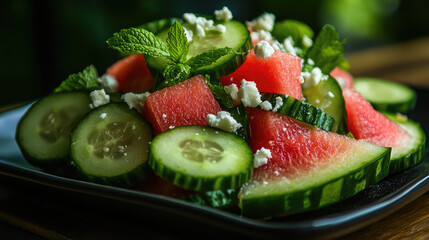 A plate of watermelon and cucumber salad