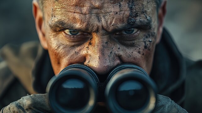 Close-up of an army general looking over a battlefield with binoculars, intense expression 