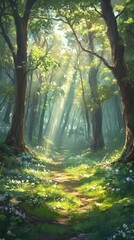 Naklejka premium A tranquil forest scene with sunlight streaming through trees, illuminating a path surrounded by lush greenery and wildflowers.