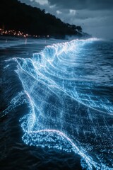 Surreal Digital Ocean Waves Glowing with Electric Light in a Mystical Landscape at Dusk