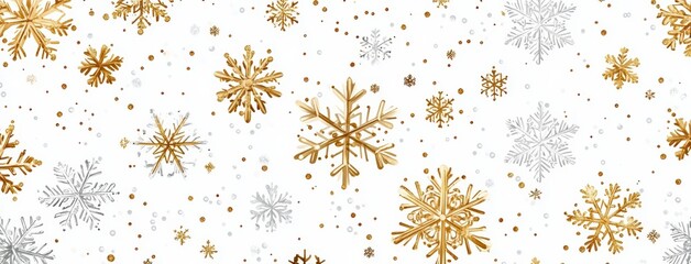 Elegant winter wonderland background featuring gold and silver snowflakes on white