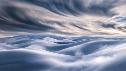 A captivating landscape of gently rolling hills blanketed in snow, under a sky filled with swirling clouds.