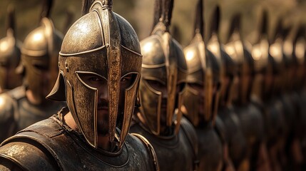 Ancient soldiers in bronze armor marching in a line, disciplined and determined