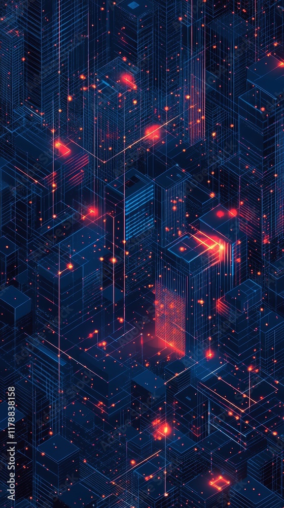 Poster explore a vibrant isometric illustration showcasing a complex data network with abstract digital ele