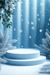 White podium surrounded by fluffy clouds and snowflakes against a bright blue sky with glowing lights for winter or holiday themed presentations