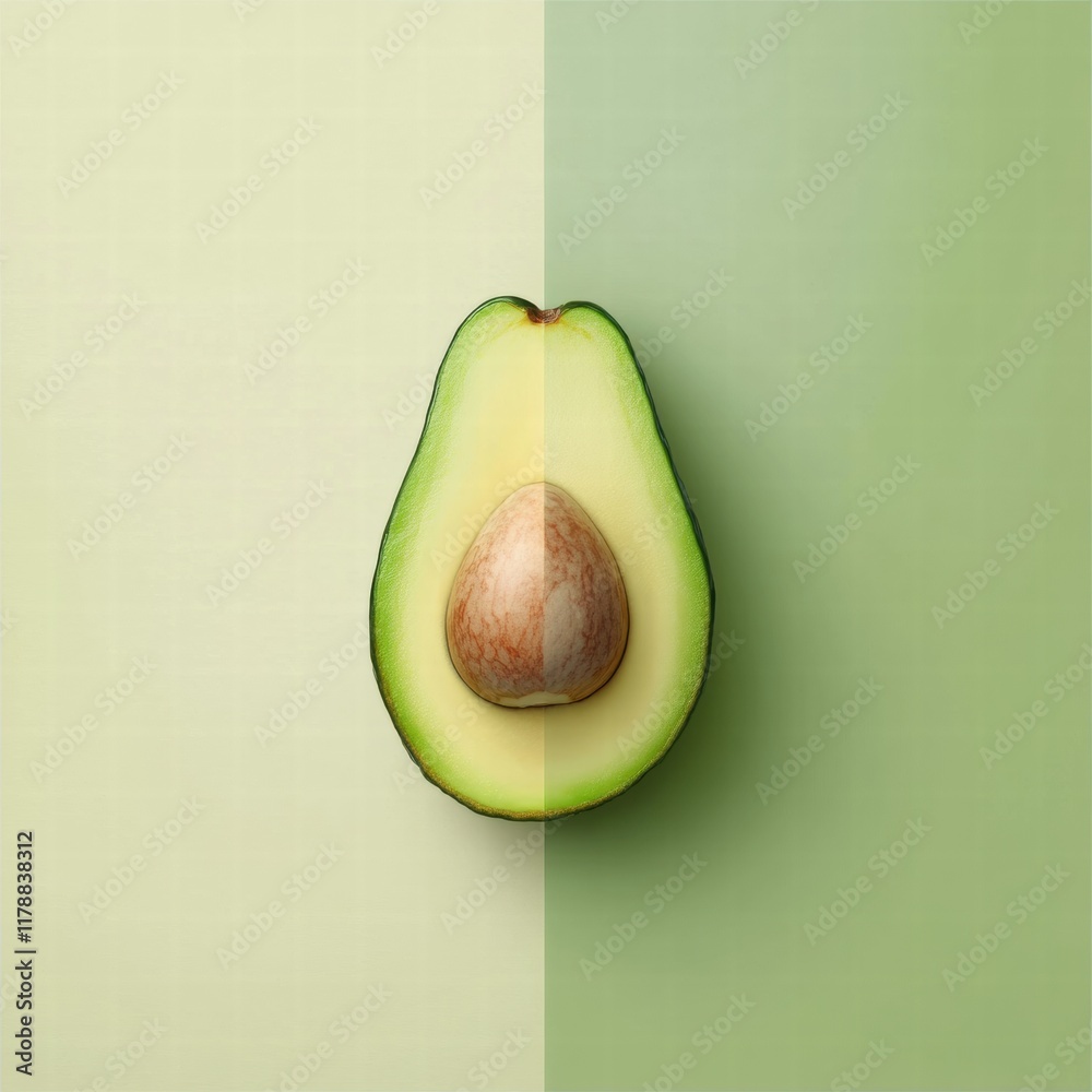 Aufkleber avocado in a simple shape with visible seed on a two toned background ready for creative mock up or 
