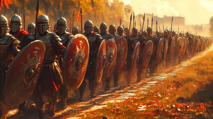 Ancient Roman soldiers marching in formation, shields and spears glinting in sunlight 