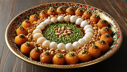 Traditional Turkish Lokma with Toppings in Decorative Bowl on Wooden Table
